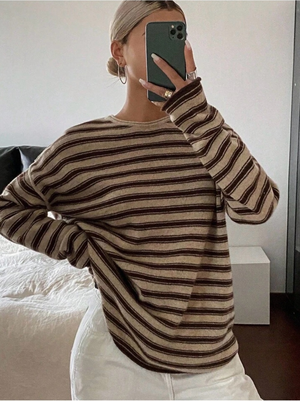Striped Crewneck Sweater in Cream and Brown